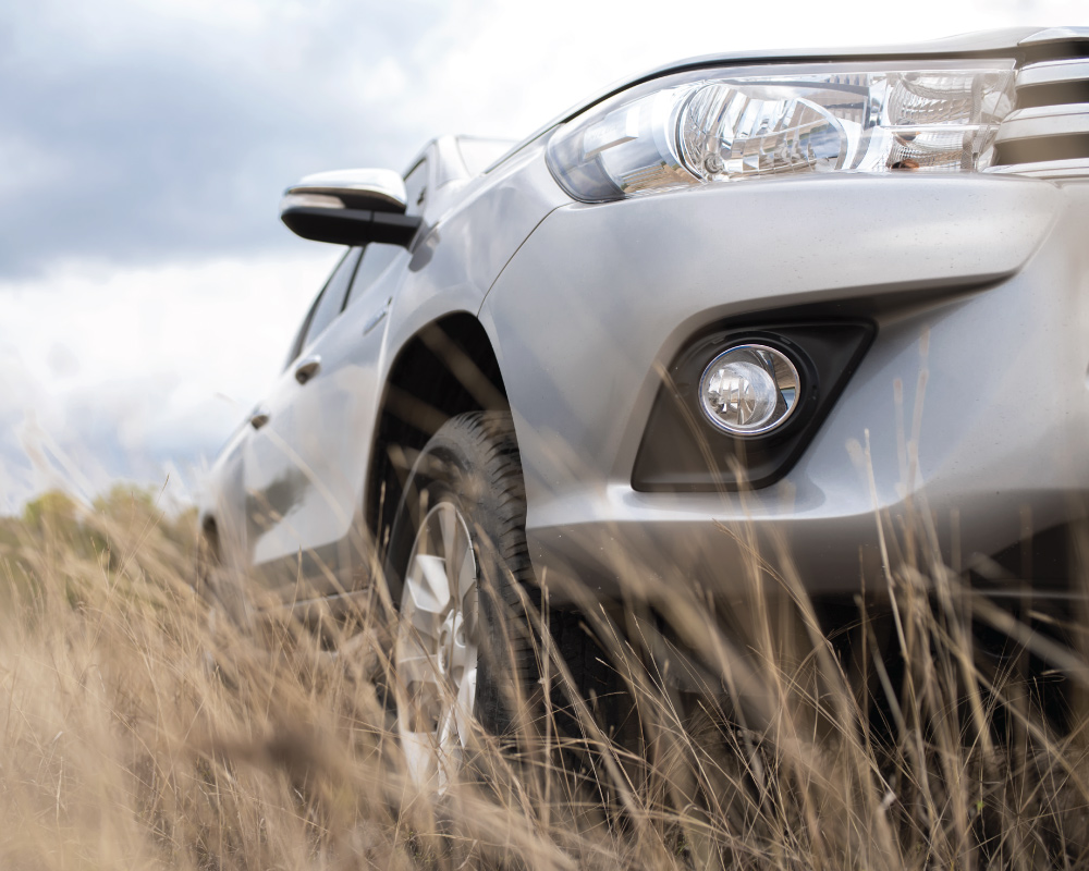 New silver SUV parked in tall grass